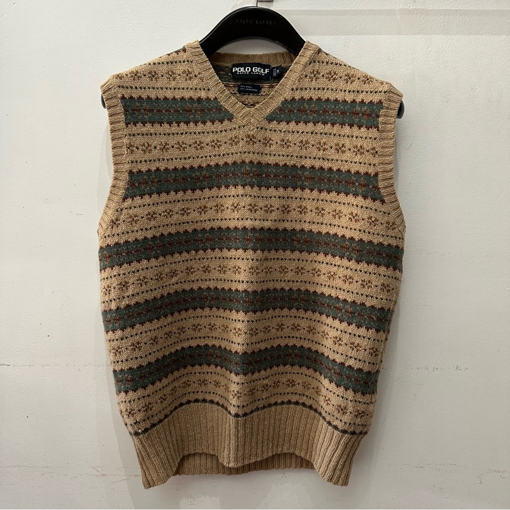 Ralph Lauren Men's V-Neck Sweater Vest in Tan and Green